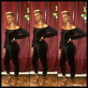 Off-shoulder velour jumpsuit